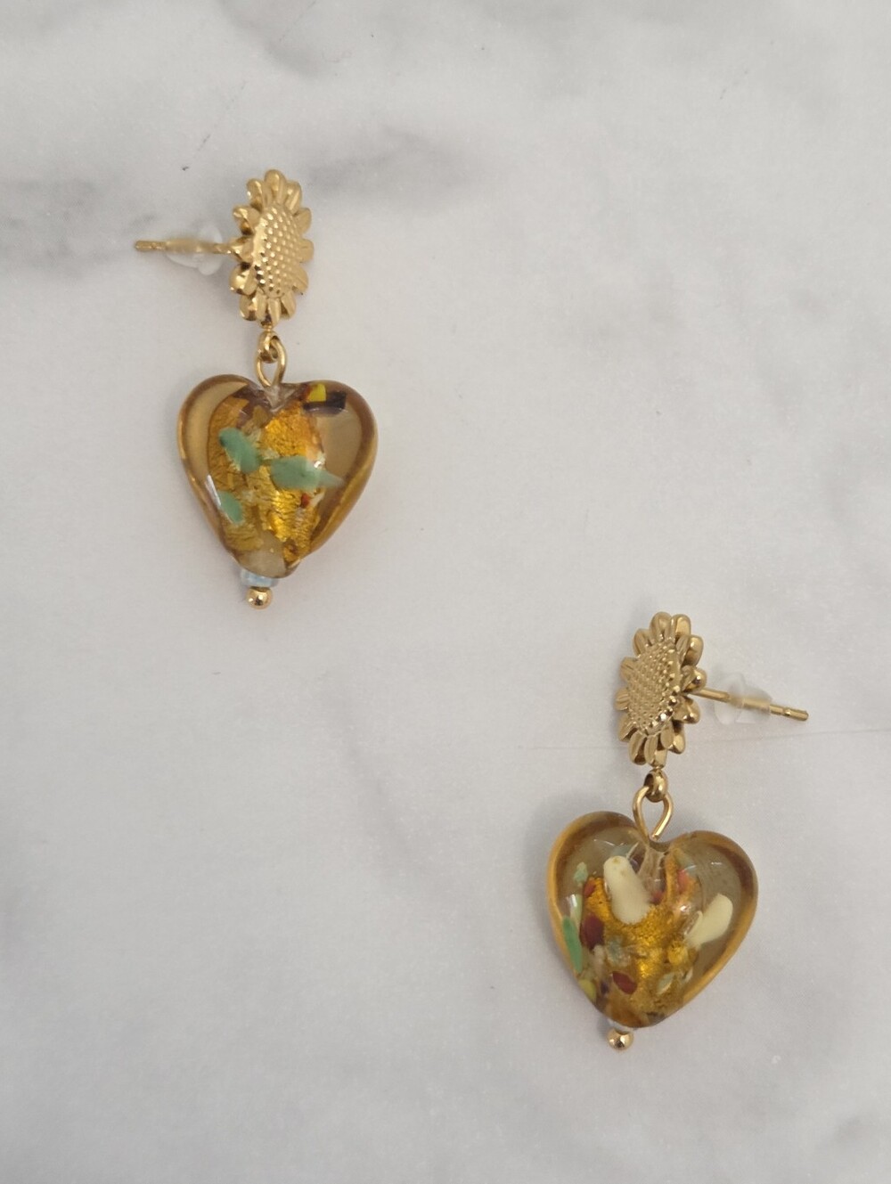 Gold Sunflower Amber Heart Dangle Drop Earrings Stainless Steel Boho Jewelry - Picture 5 of 13